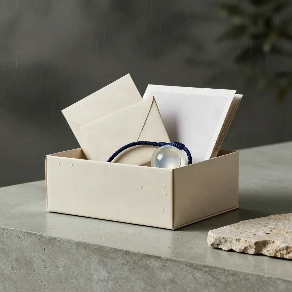 Luxury email software product box with envelope stacks, cable loop and a status puck on stone.
