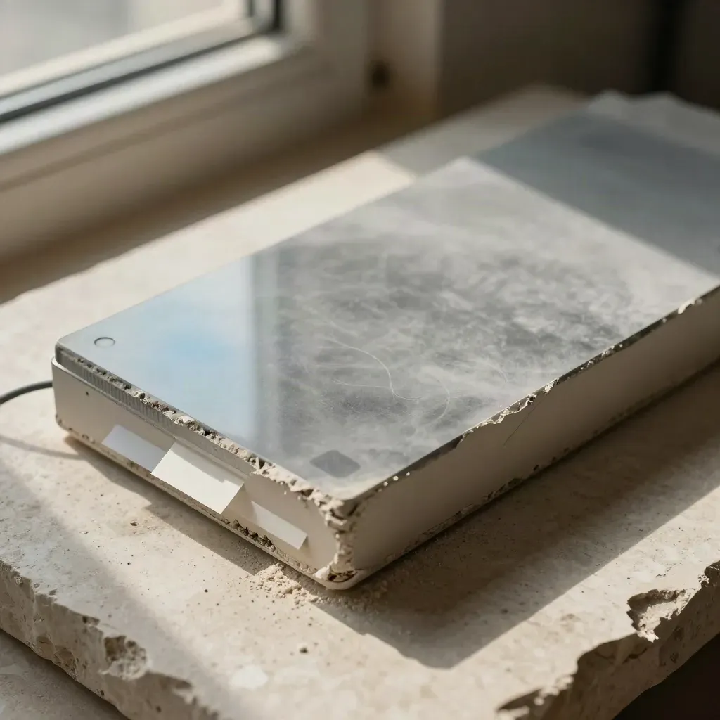 Graphite audit module in plaster with translucent sheet, cable loop, and blue-tinted dust